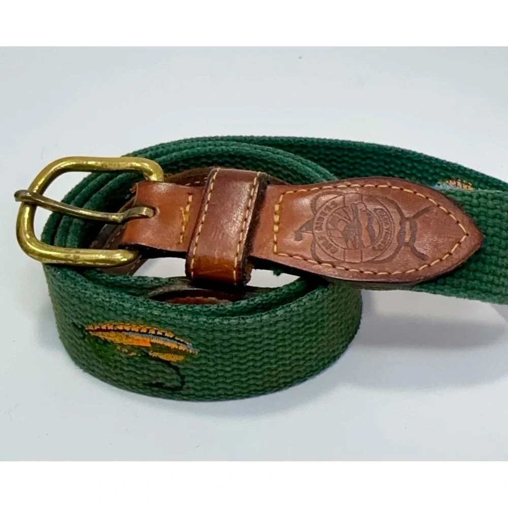 Smathers & Branson Needlepoint Belt Size 40 Green Fishing Lure Leather Canvas